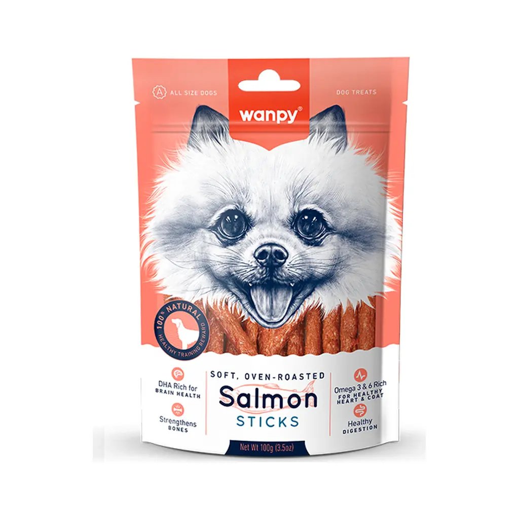 بسته تشویقی مدادی Wanpy Salmon Sticks با طعم سالمون، وزن ۱۰۰ گرم