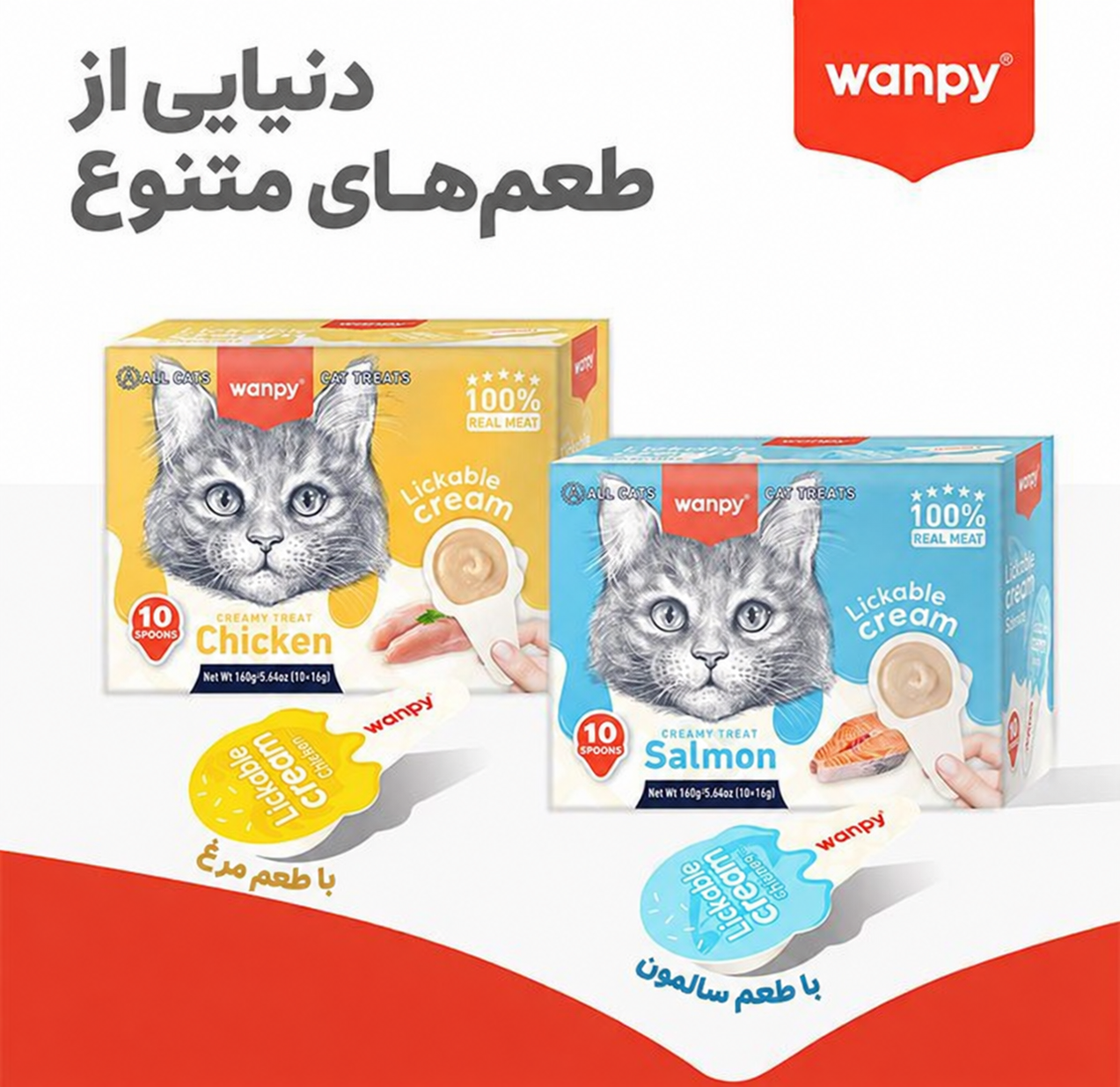بستنی قاشقی گربه ونپی با طعم ماهی سالمون Wanpy Lickable Cream بسته 10 عددی - تصویر 3
